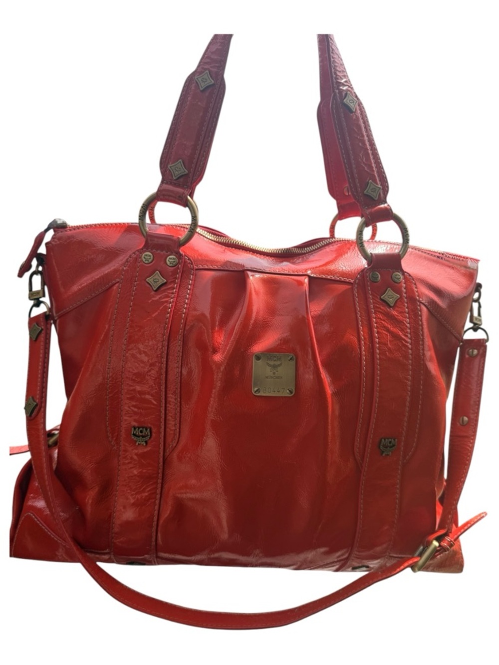 Authentic MCM München Red Patent Leather Satchel w/Crossbody Strap & Dust Bag - Picture 2 of 11